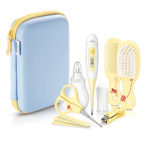 Philips Avent Bolsa Conjunto Cuidados Bebé Termómetro + Pente/Escova + Lima + Corta-Unhas + Tesoura + Escova dentes + Aspirador nasal