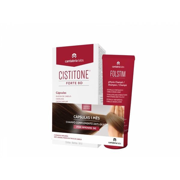 Cistitone Forte BD Cápsulas 1 Mes 60 Unidades + Folstim pHysio Champô complemento antiqueda 200 ml por Precio especial de 3€